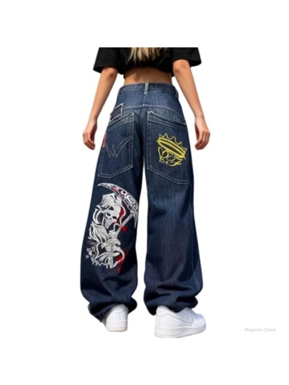 Y2K Baggy Wide Leg Jeans Skeleton Tiger Graphic Streetwear Denim
